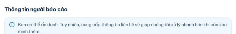 Phần Thông tin người báo cáo với lựa chọn Báo cáo ẩn danh, các ô liên hệ và nút Gửi báo cáo