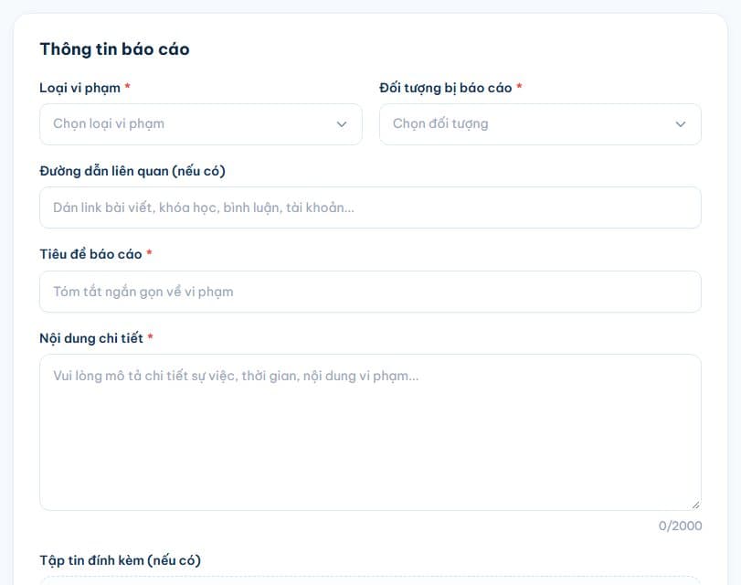 Biểu mẫu Thông tin báo cáo với các ô Loại vi phạm, Đối tượng bị báo cáo, Đường dẫn liên quan, Tiêu đề và Nội dung chi tiết