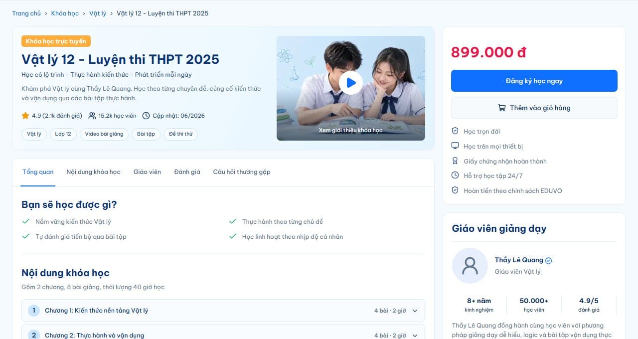 Trang chi tiết khóa học Vật lý 12 với thông tin tổng quan, video giới thiệu, các tab nội dung và khung học phí