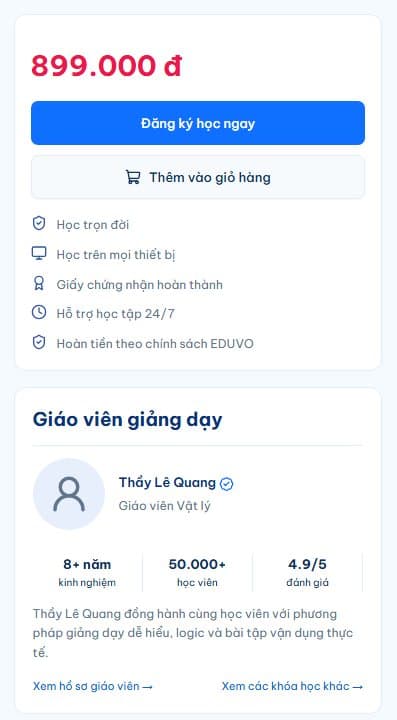 Khung học phí với nút Đăng ký học ngay, nút Thêm vào giỏ hàng, danh sách quyền lợi và thông tin giáo viên