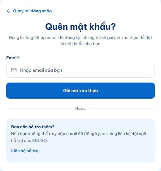 Trang Quên mật khẩu với ô nhập email và nút Gửi mã xác thực
