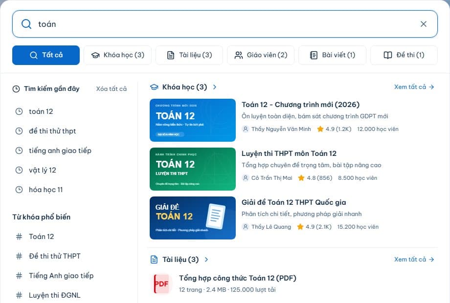Bảng tìm kiếm toàn trang với từ khóa toán, các tab Khóa học, Tài liệu, Giáo viên, Bài viết, Đề thi và danh sách kết quả